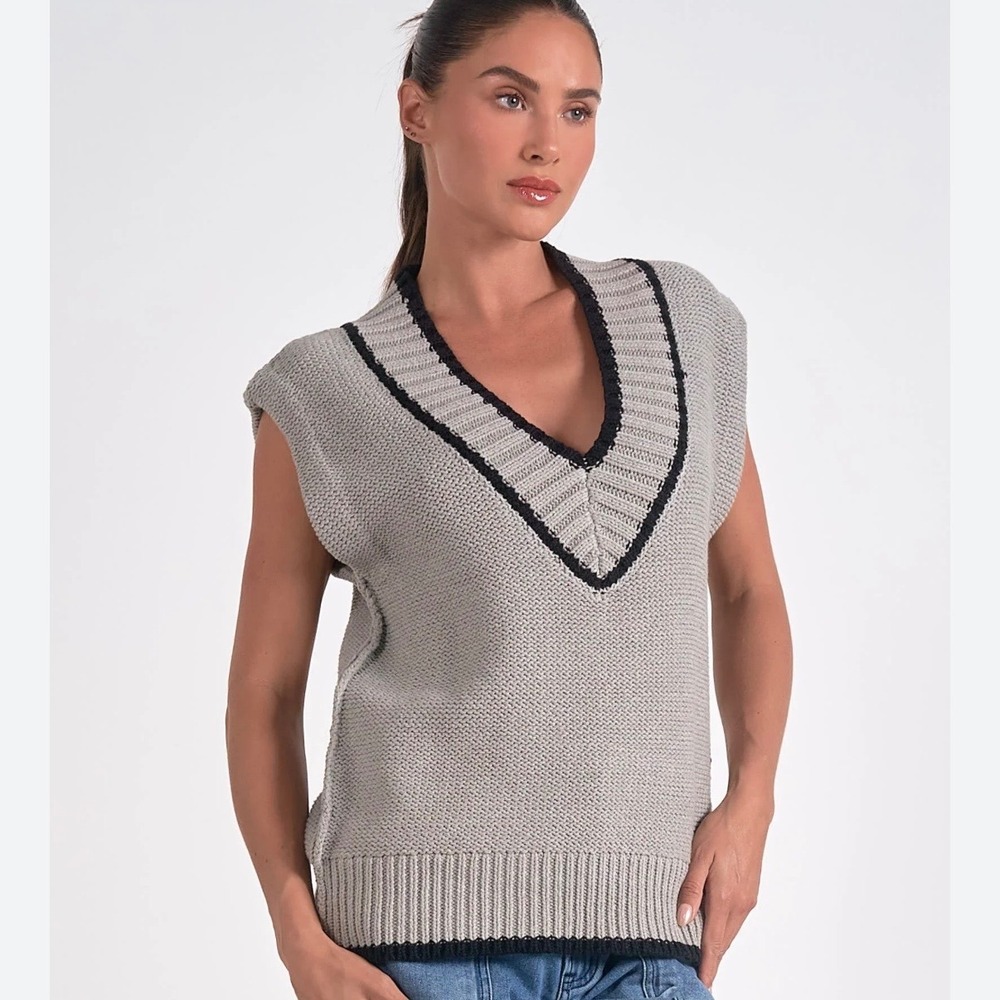 Elan Womens Gray Black Contrast Trim V-Neck Chunky‎ Knit Sweater Vest  L